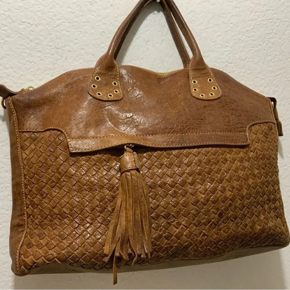 AUTHENTIC ALESSIA CAPRI BROWN DISTRESSED AND WOVEN LEATHER CROSSBODY HANDBAG
